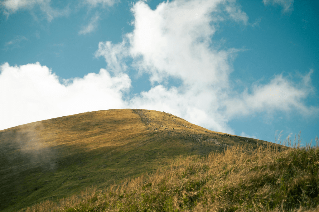 Blue sky with clouds and a green mountain and how to stop drowning in details